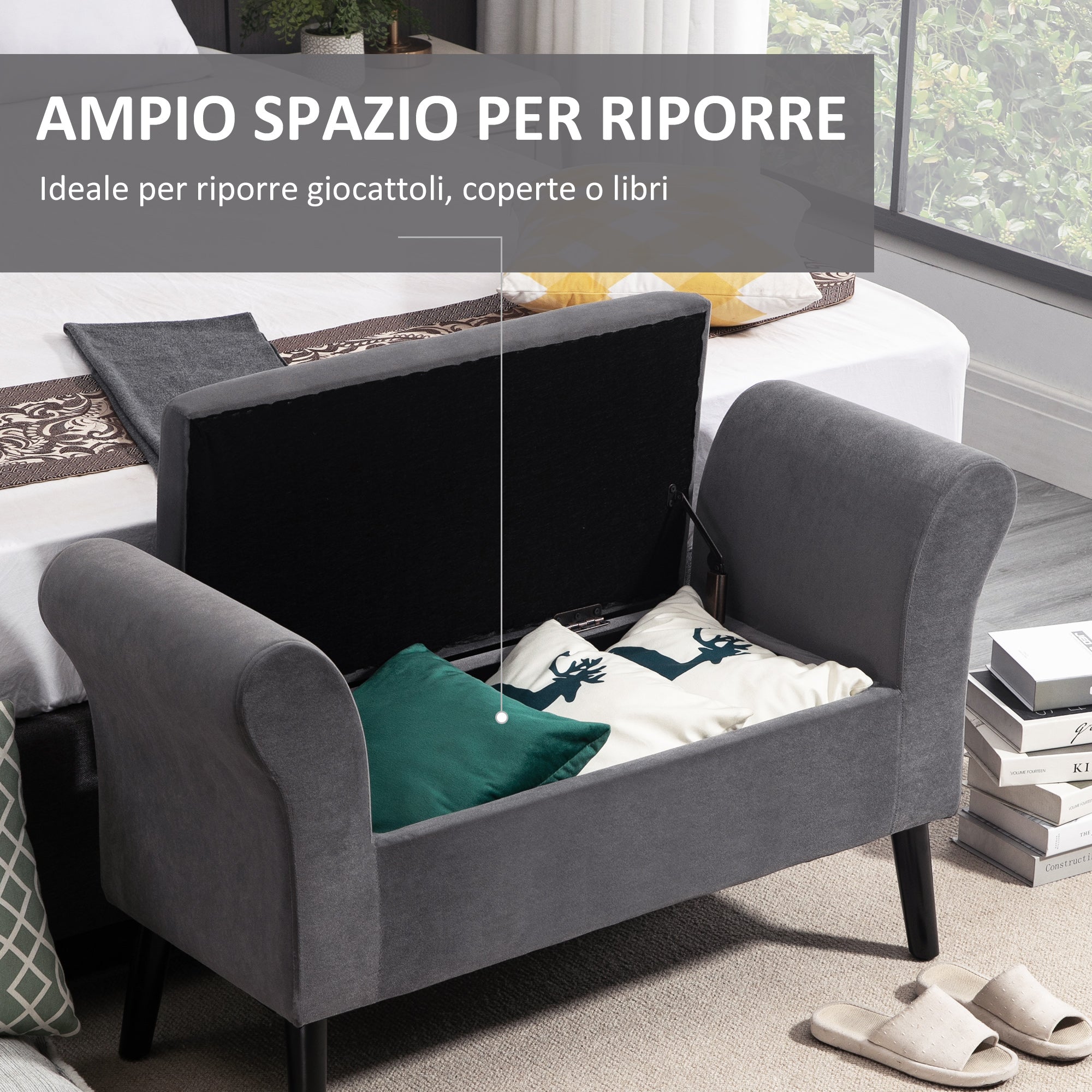 Bedroom Storage Bench with Arms, Entryway Bench in Velvet Effect Fabric and Rubberwood, End of Bed Bench, 111.5x41x65 cm, Gray