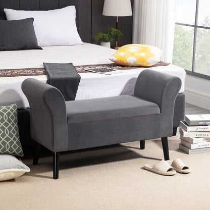 Bedroom Storage Bench with Arms, Entryway Bench in Velvet Effect Fabric and Rubberwood, End of Bed Bench, 111.5x41x65 cm, Gray