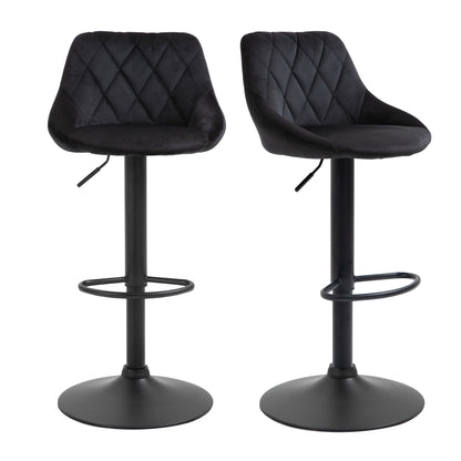 Bar Stool Set of 2 Barstool with Backrest, Velvet Look, Steel Frame, Height Adjustable Kitchen Chairs with Footrest Swivel Counter Stool, Black