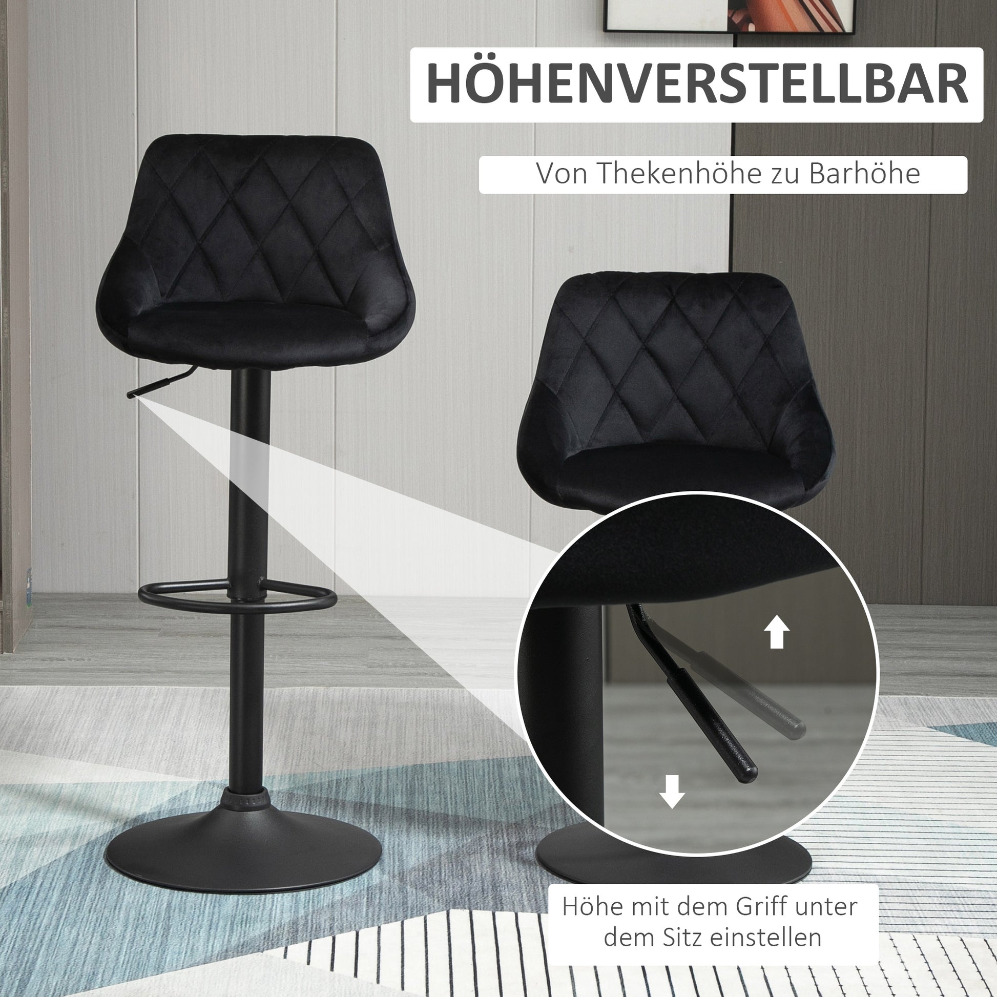Bar Stool Set of 2 Barstool with Backrest, Velvet Look, Steel Frame, Height Adjustable Kitchen Chairs with Footrest Swivel Counter Stool, Black
