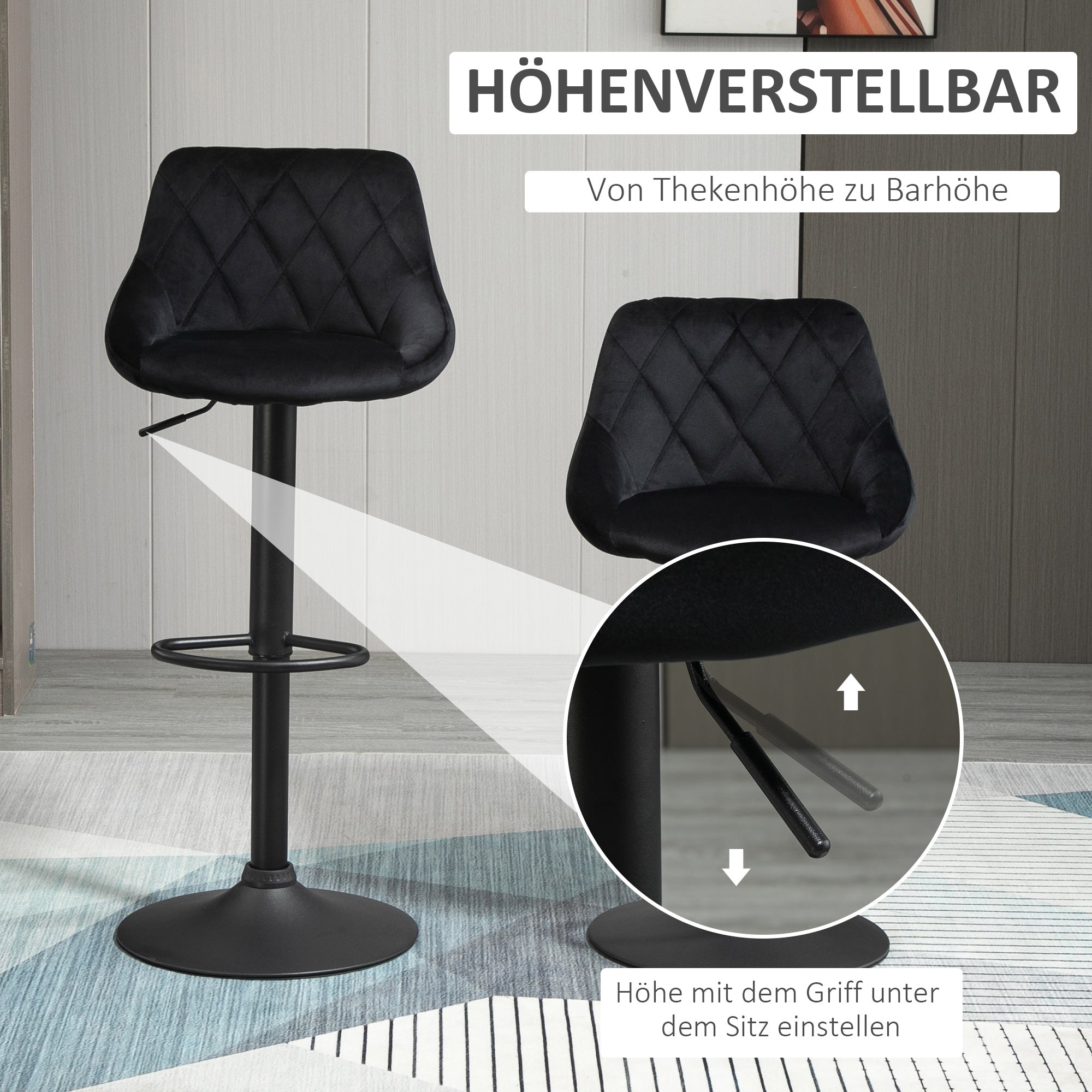 Bar Stool Set of 2 Barstool with Backrest, Velvet Look, Steel Frame, Height Adjustable Kitchen Chairs with Footrest Swivel Counter Stool, Black