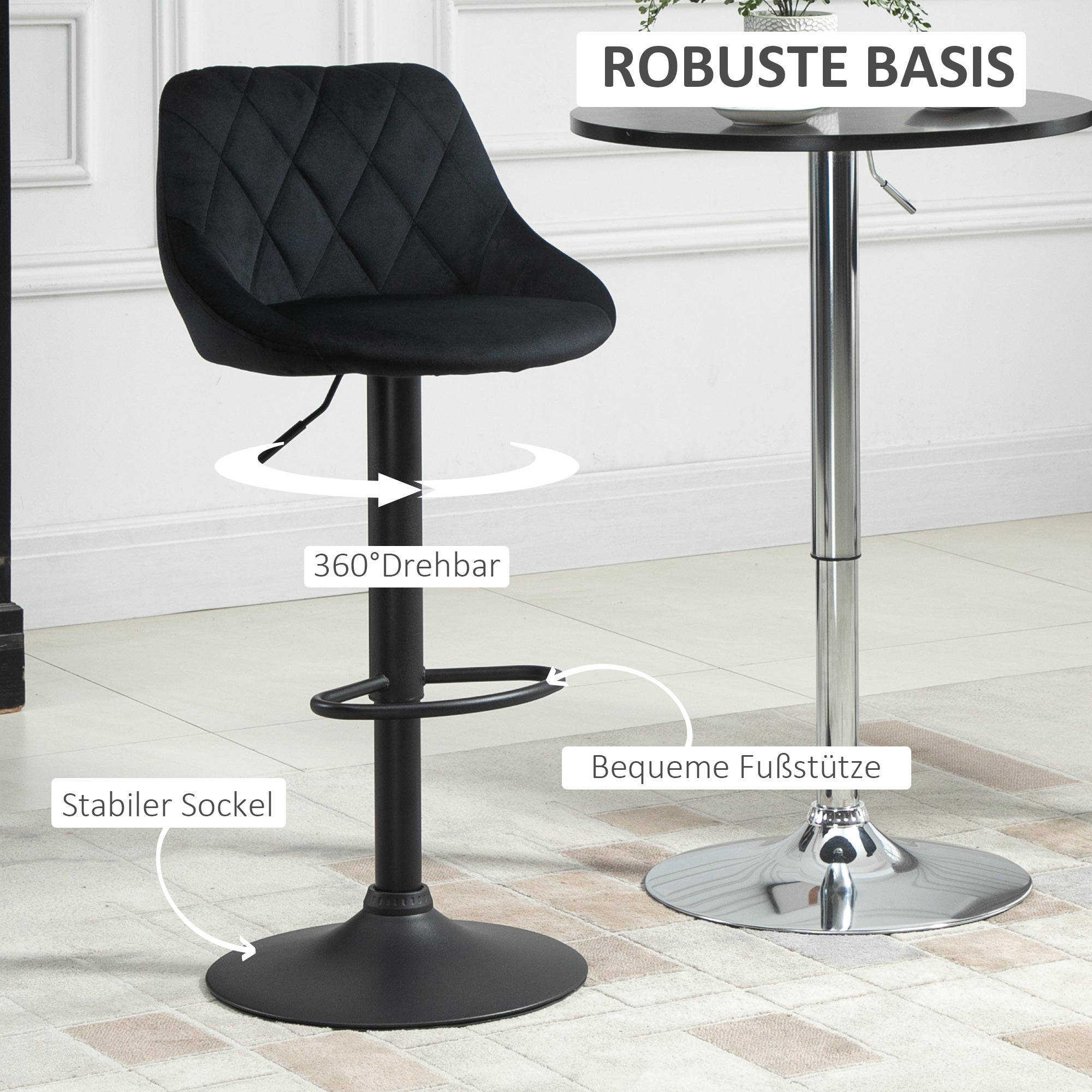 Bar Stool Set of 2 Barstool with Backrest, Velvet Look, Steel Frame, Height Adjustable Kitchen Chairs with Footrest Swivel Counter Stool, Black