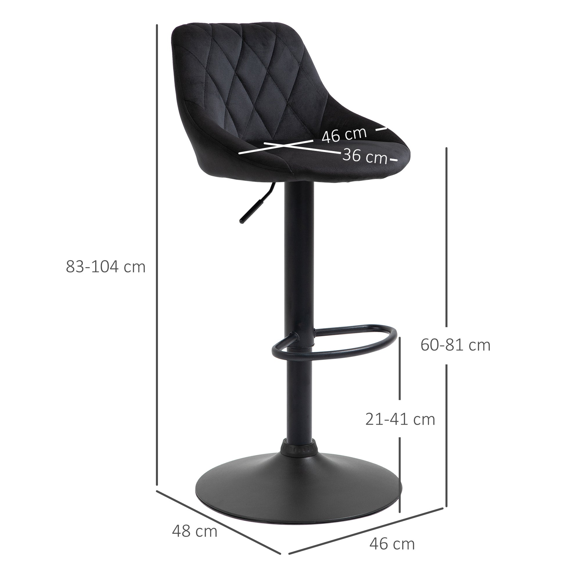 Bar Stool Set of 2 Barstool with Backrest, Velvet Look, Steel Frame, Height Adjustable Kitchen Chairs with Footrest Swivel Counter Stool, Black
