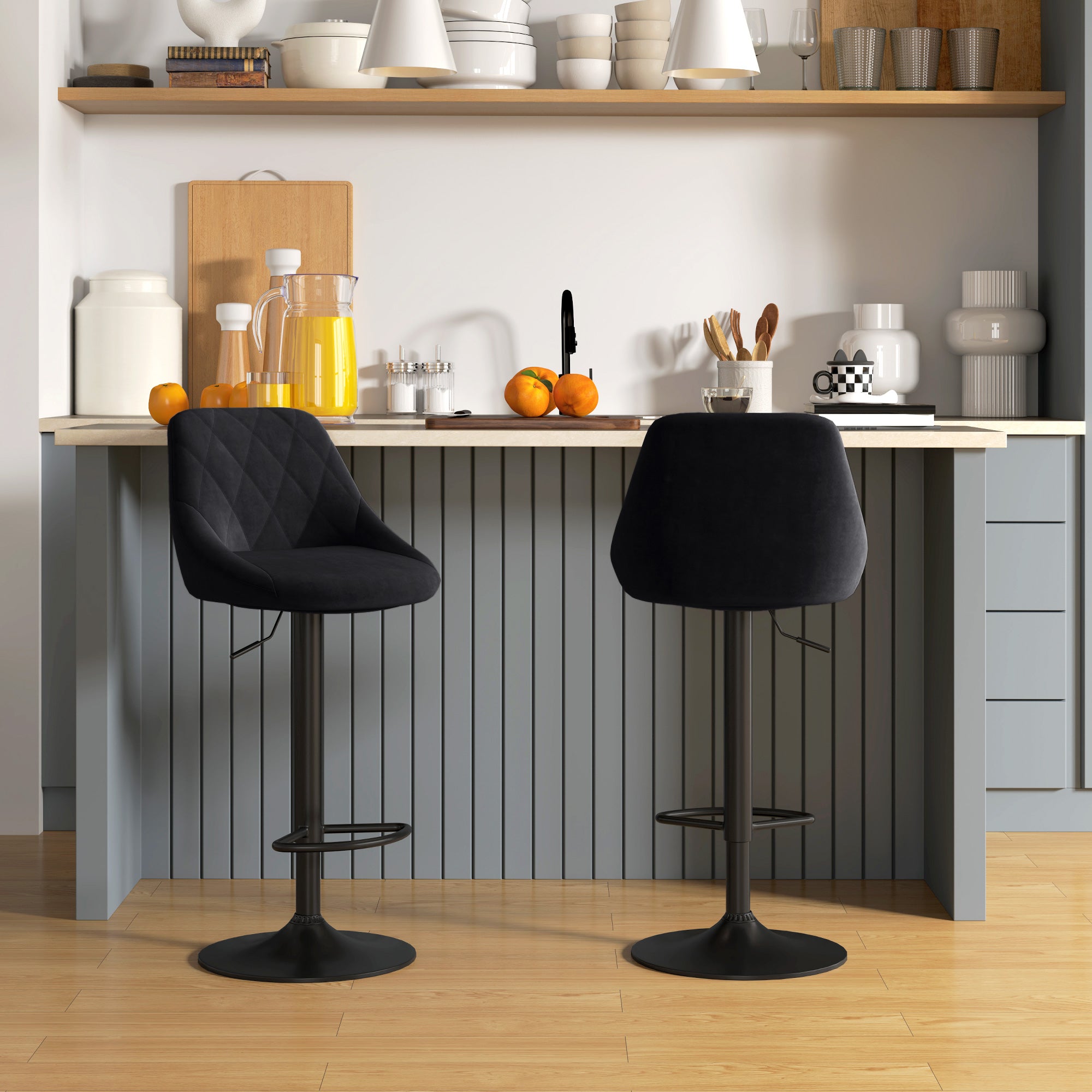 Bar Stool Set of 2 Barstool with Backrest, Velvet Look, Steel Frame, Height Adjustable Kitchen Chairs with Footrest Swivel Counter Stool, Black