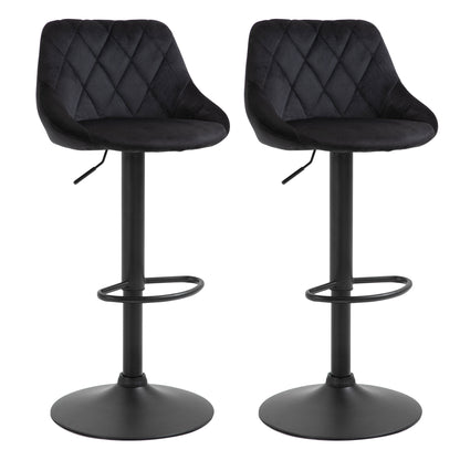 Bar Stool Set of 2 Barstool with Backrest, Velvet Look, Steel Frame, Height Adjustable Kitchen Chairs with Footrest Swivel Counter Stool, Black