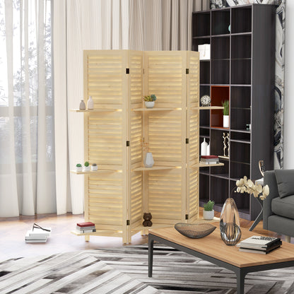 Indoor Room Divider 4 Panels 160L x 170H cm 3 Foldable Shelves Louvered Doors Natural Paulownia Wood