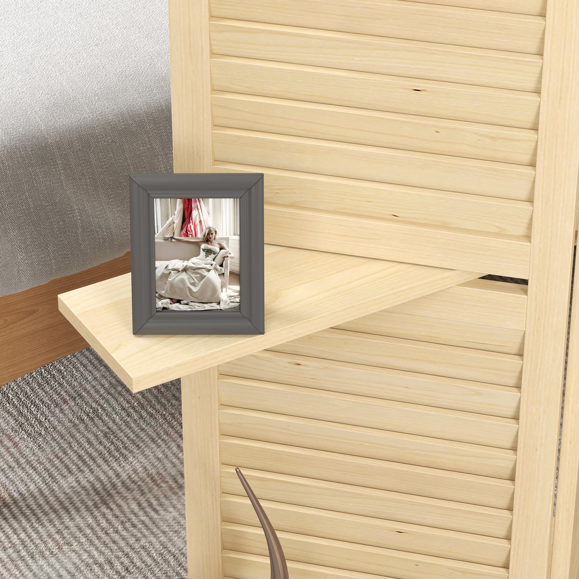 Indoor Room Divider 4 Panels 160L x 170H cm 3 Foldable Shelves Louvered Doors Natural Paulownia Wood