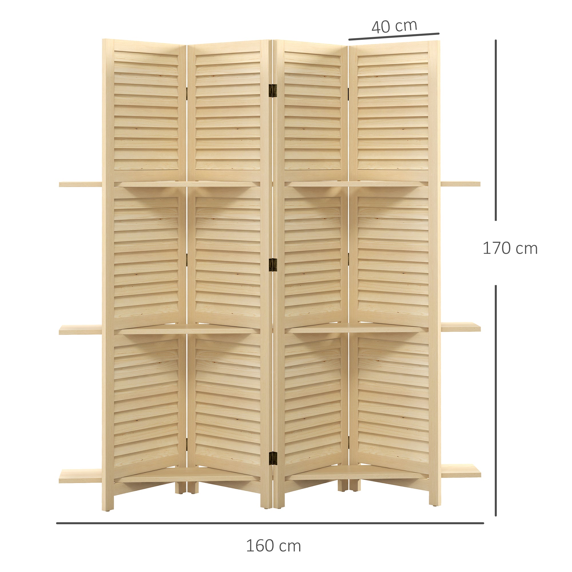Indoor Room Divider 4 Panels 160L x 170H cm 3 Foldable Shelves Louvered Doors Natural Paulownia Wood