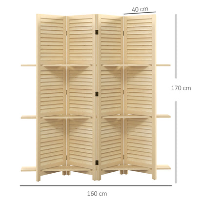 Indoor Room Divider 4 Panels 160L x 170H cm 3 Foldable Shelves Louvered Doors Natural Paulownia Wood