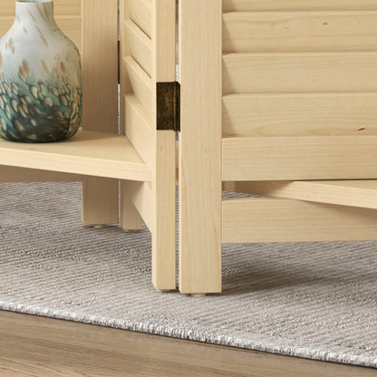 Indoor Room Divider 4 Panels 160L x 170H cm 3 Foldable Shelves Louvered Doors Natural Paulownia Wood
