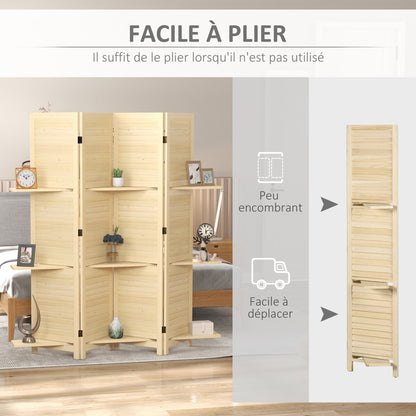 Indoor Room Divider 4 Panels 160L x 170H cm 3 Foldable Shelves Louvered Doors Natural Paulownia Wood