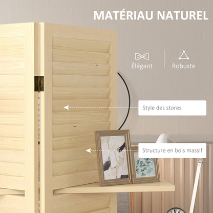 Indoor Room Divider 4 Panels 160L x 170H cm 3 Foldable Shelves Louvered Doors Natural Paulownia Wood