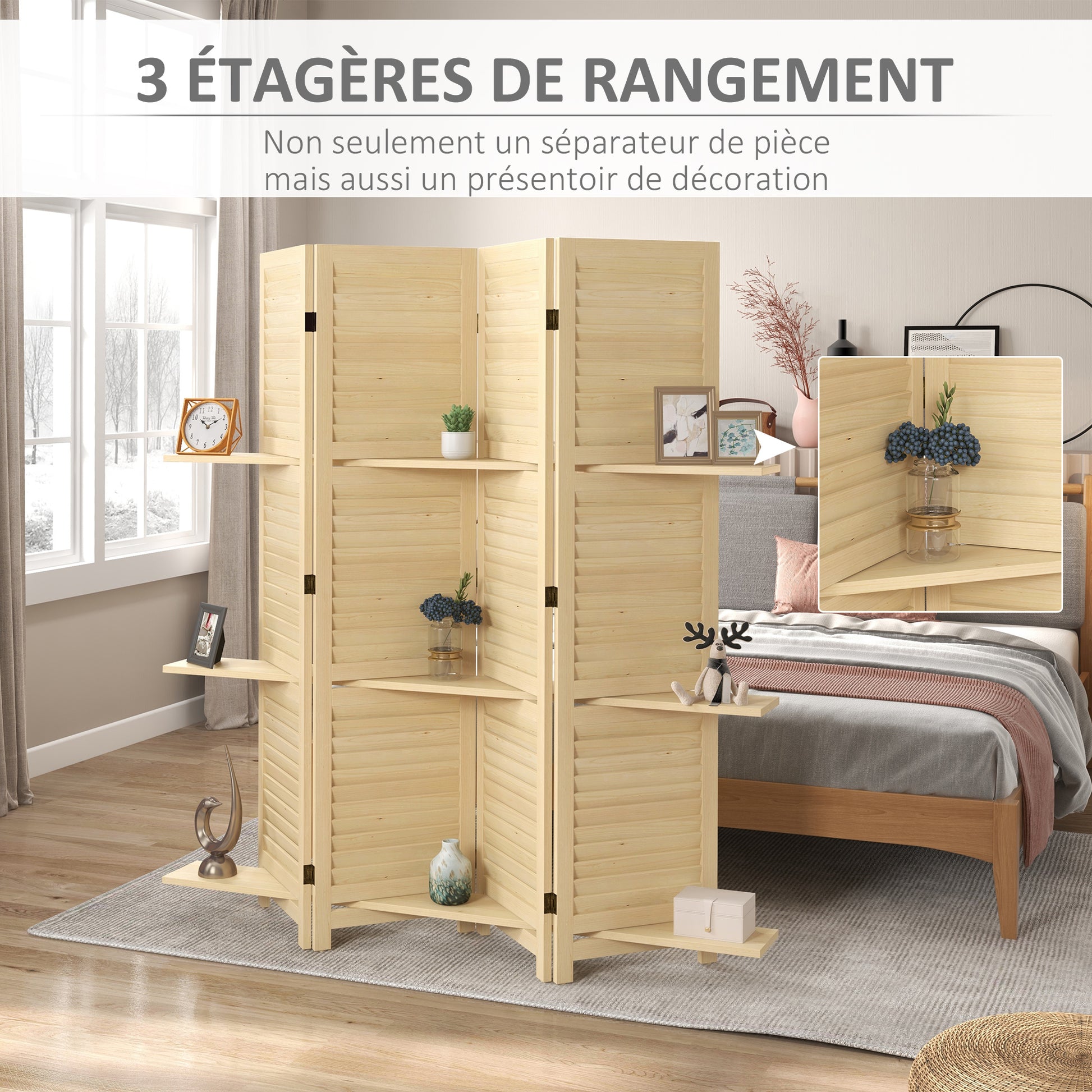 Indoor Room Divider 4 Panels 160L x 170H cm 3 Foldable Shelves Louvered Doors Natural Paulownia Wood
