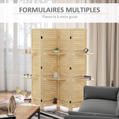 Indoor Room Divider 4 Panels 160L x 170H cm 3 Foldable Shelves Louvered Doors Natural Paulownia Wood