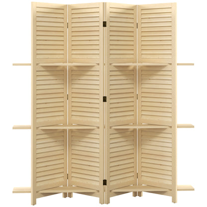 Indoor Room Divider 4 Panels 160L x 170H cm 3 Foldable Shelves Louvered Doors Natural Paulownia Wood