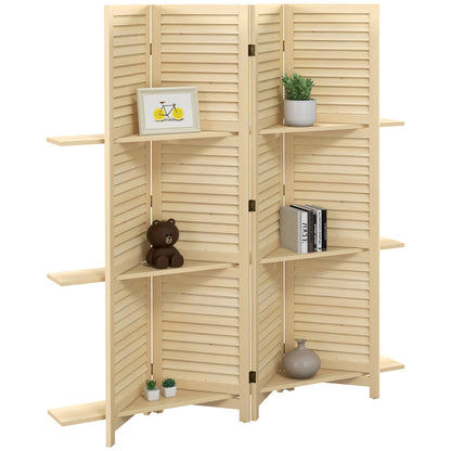 Indoor Room Divider 4 Panels 160L x 170H cm 3 Foldable Shelves Louvered Doors Natural Paulownia Wood