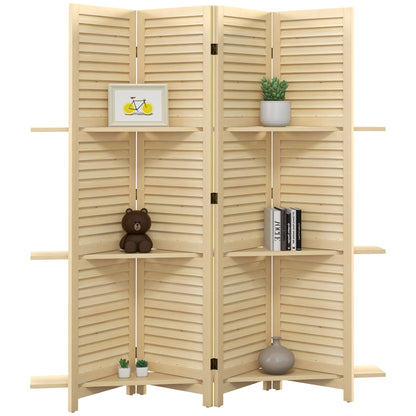Indoor Room Divider 4 Panels 160L x 170H cm 3 Foldable Shelves Louvered Doors Natural Paulownia Wood