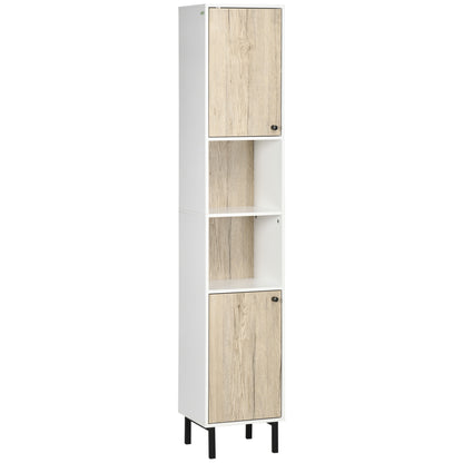 Tall Bathroom Column Auxiliary Cabinet with 2 Doors and 6 Shelves for Shower Toilet Bedroom Modern Style 31.5x30x169 cm White and Oak