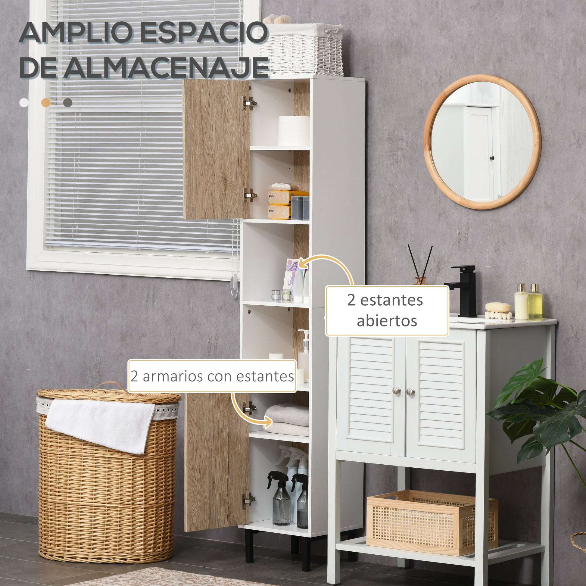Tall Bathroom Column Auxiliary Cabinet with 2 Doors and 6 Shelves for Shower Toilet Bedroom Modern Style 31.5x30x169 cm White and Oak