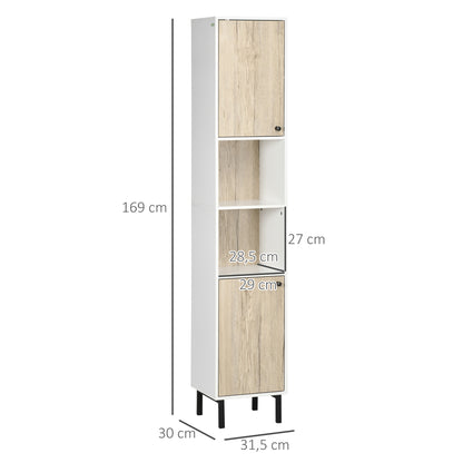 Tall Bathroom Column Auxiliary Cabinet with 2 Doors and 6 Shelves for Shower Toilet Bedroom Modern Style 31.5x30x169 cm White and Oak