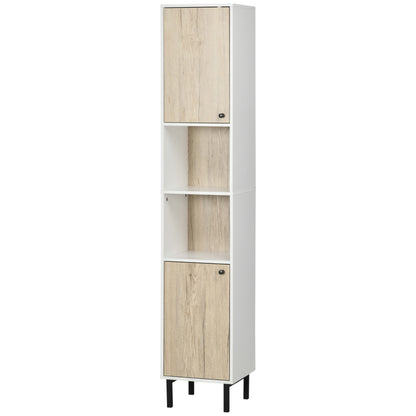 Tall Bathroom Column Auxiliary Cabinet with 2 Doors and 6 Shelves for Shower Toilet Bedroom Modern Style 31.5x30x169 cm White and Oak