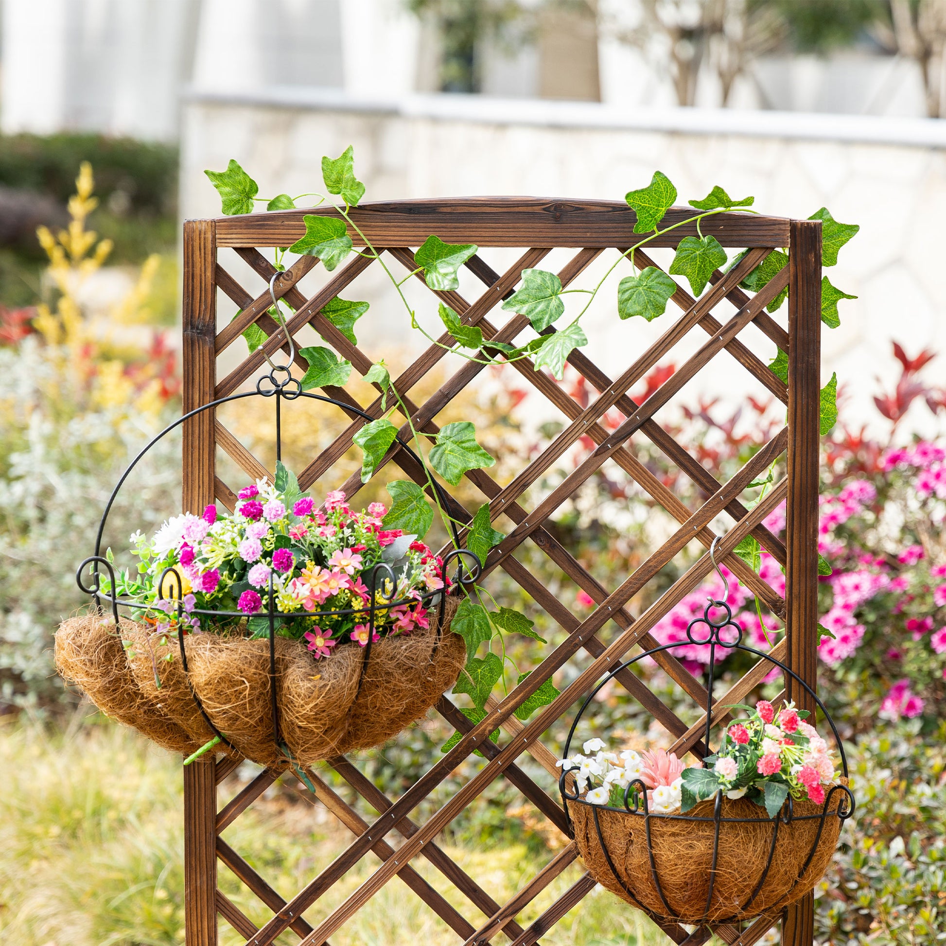 Planter with Trellis Wooden Garden Planter with Climbing Frame for Plants in Outdoor Terrace Garden Balcony 60x30x122.5 cm Brown