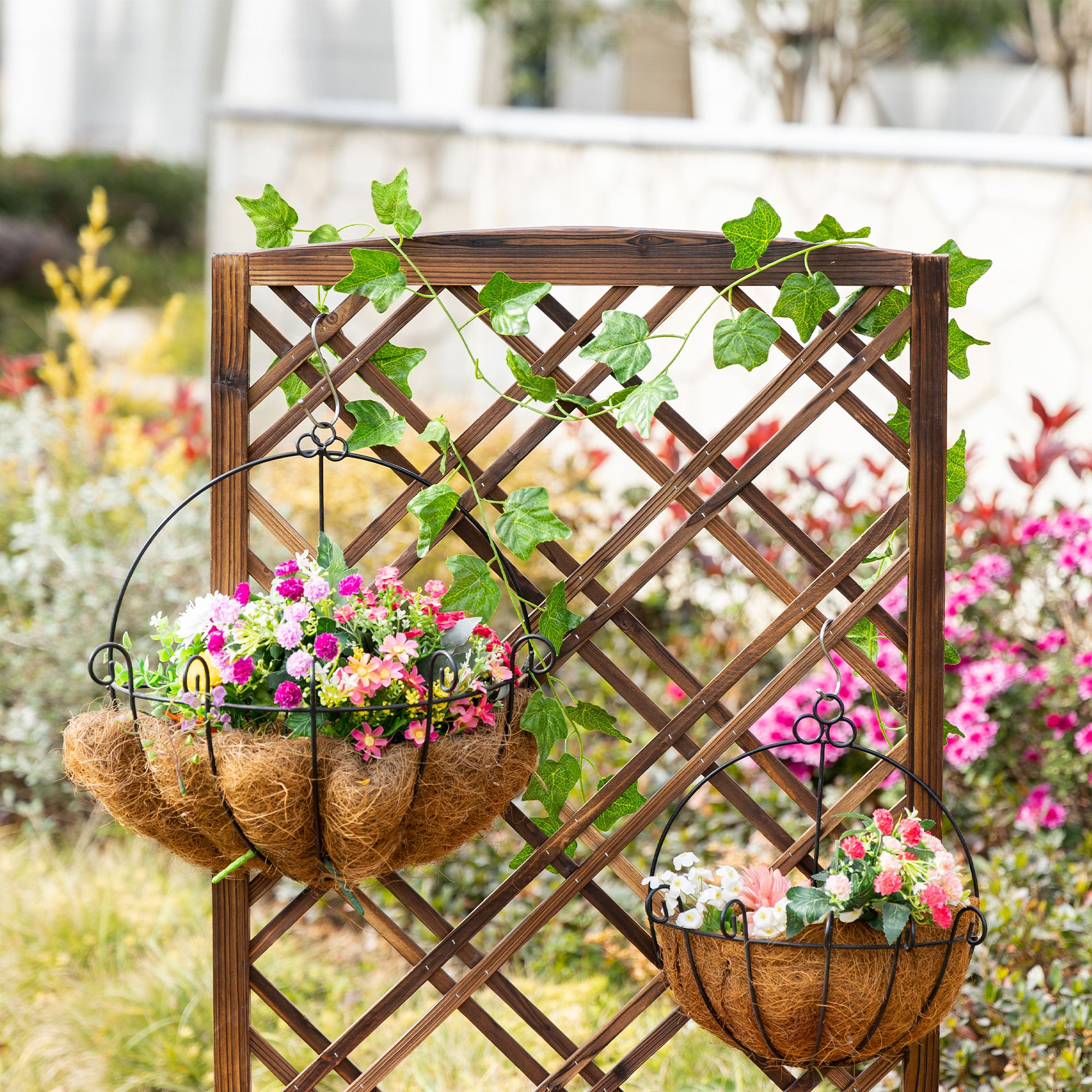 Planter with Trellis Wooden Garden Planter with Climbing Frame for Plants in Outdoor Terrace Garden Balcony 60x30x122.5 cm Brown