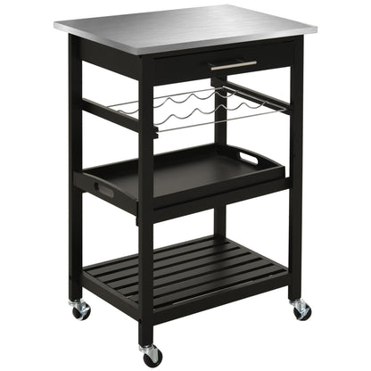 Kitchen Service Trolley Kitchen Cart with Bottle Storage Shelf 60L x 40W x 85H cm Stainless Steel Top. Black