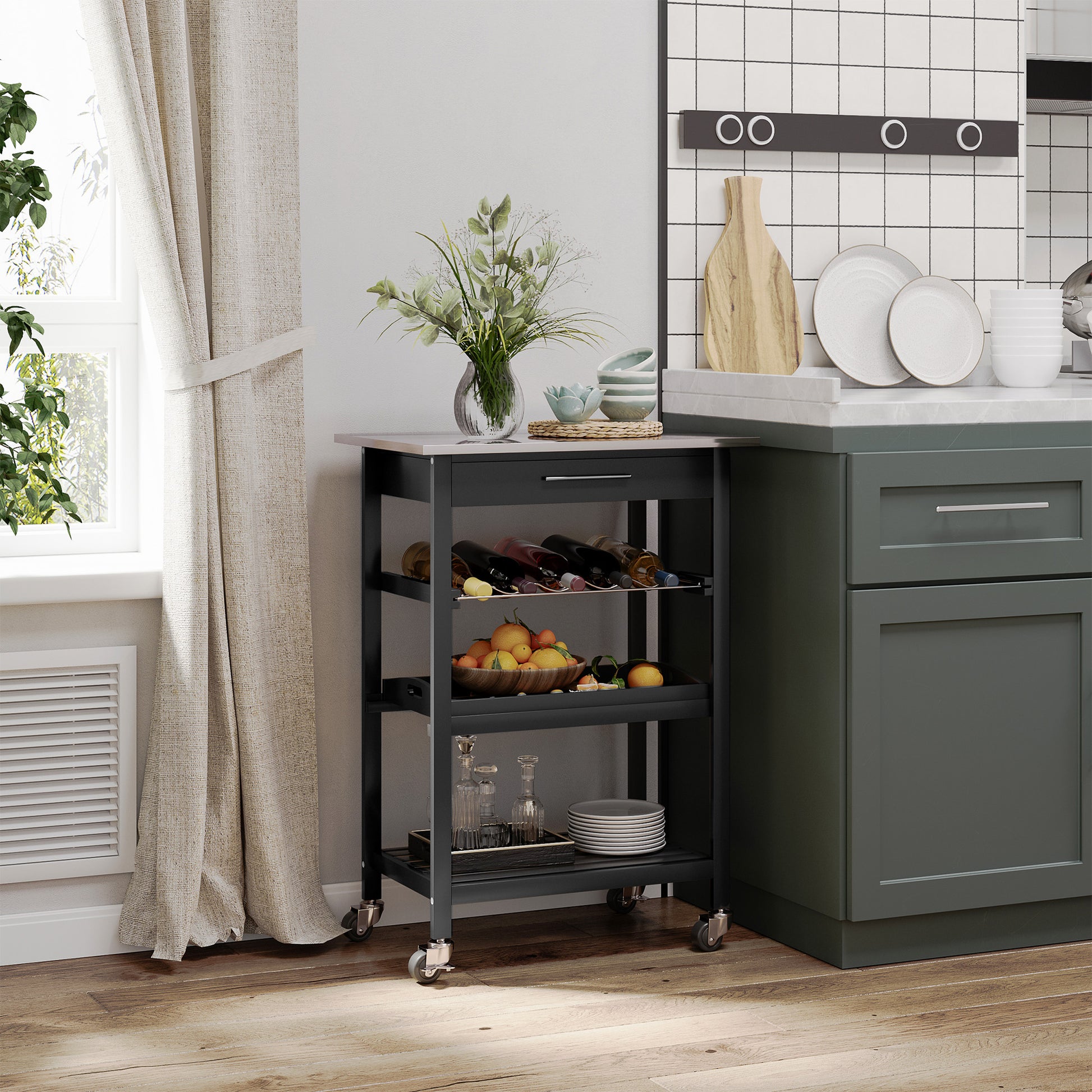 Kitchen Service Trolley Kitchen Cart with Bottle Storage Shelf 60L x 40W x 85H cm Stainless Steel Top. Black