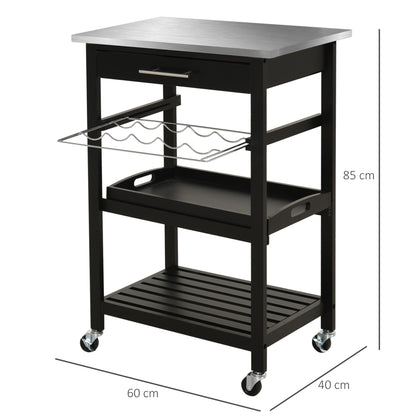 Kitchen Service Trolley Kitchen Cart with Bottle Storage Shelf 60L x 40W x 85H cm Stainless Steel Top. Black