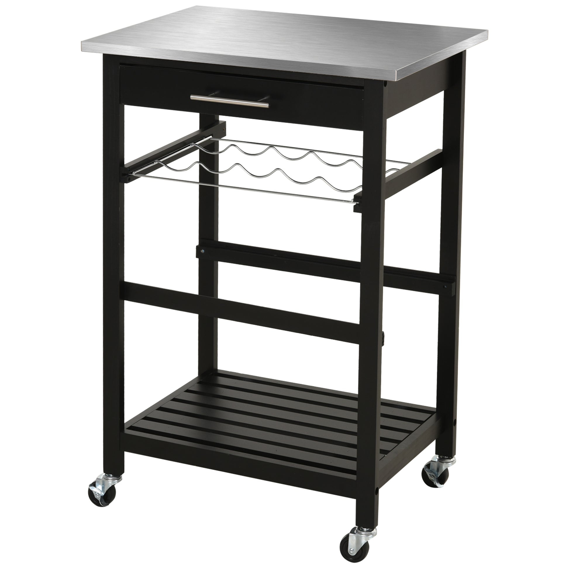 Kitchen Service Trolley Kitchen Cart with Bottle Storage Shelf 60L x 40W x 85H cm Stainless Steel Top. Black