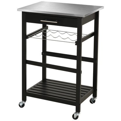 Kitchen Service Trolley Kitchen Cart with Bottle Storage Shelf 60L x 40W x 85H cm Stainless Steel Top. Black