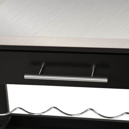 Kitchen Service Trolley Kitchen Cart with Bottle Storage Shelf 60L x 40W x 85H cm Stainless Steel Top. Black