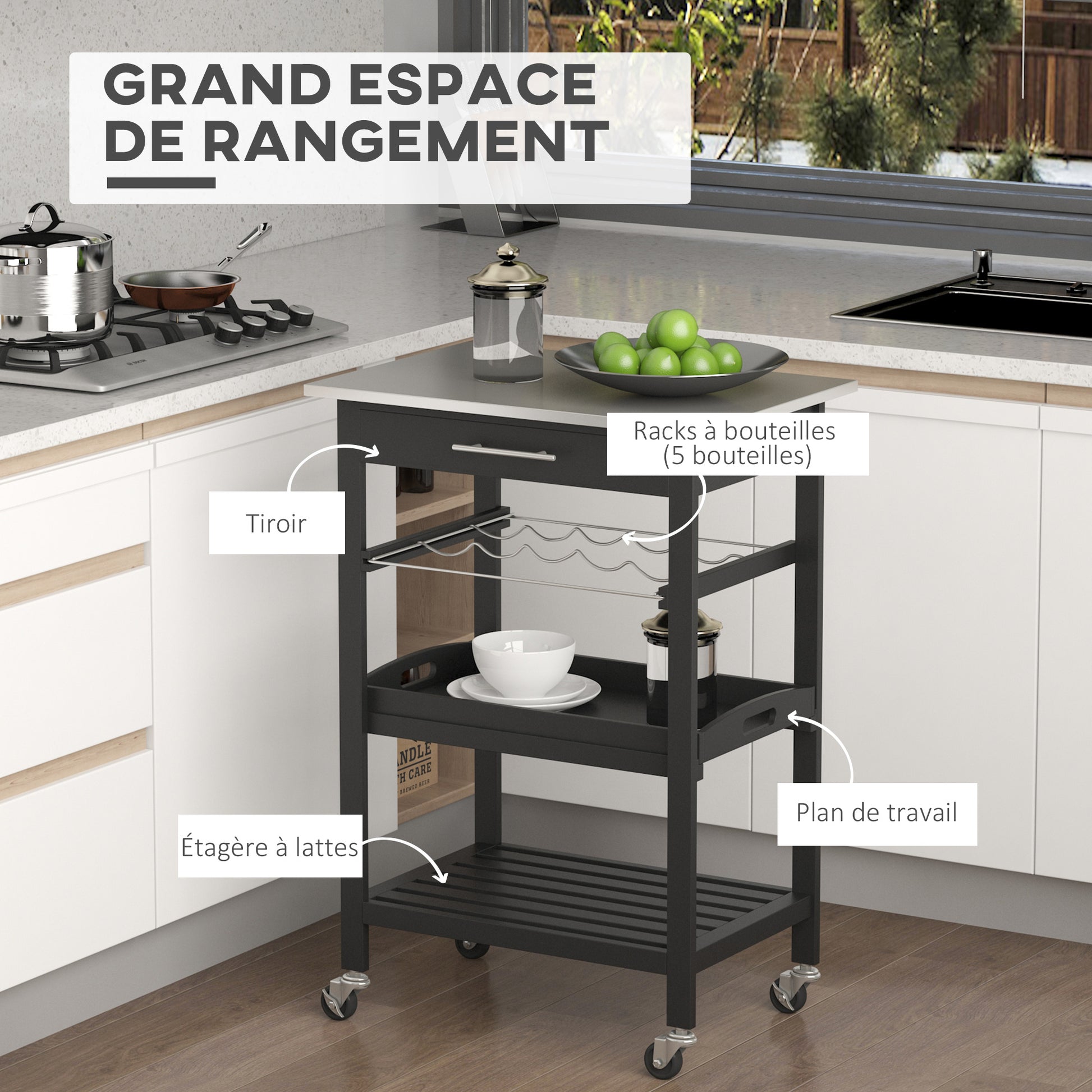 Kitchen Service Trolley Kitchen Cart with Bottle Storage Shelf 60L x 40W x 85H cm Stainless Steel Top. Black