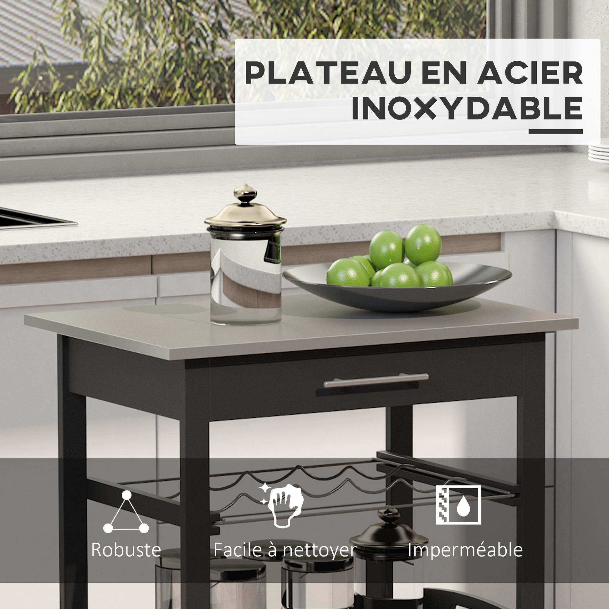 Kitchen Service Trolley Kitchen Cart with Bottle Storage Shelf 60L x 40W x 85H cm Stainless Steel Top. Black