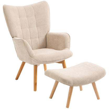 Chair with Ottoman, Wingback Chair with High Backrest, Wooden Legs, Lounge Chair with Tufted Design, Corduroy Look, for Living Room, Beige