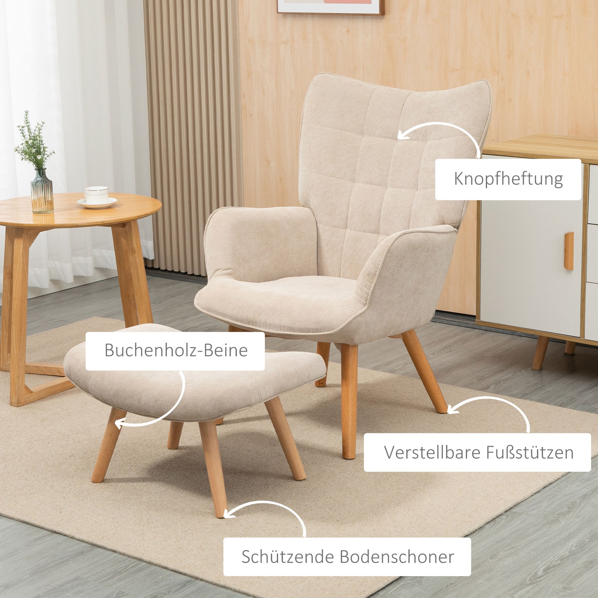 Chair with Ottoman, Wingback Chair with High Backrest, Wooden Legs, Lounge Chair with Tufted Design, Corduroy Look, for Living Room, Beige