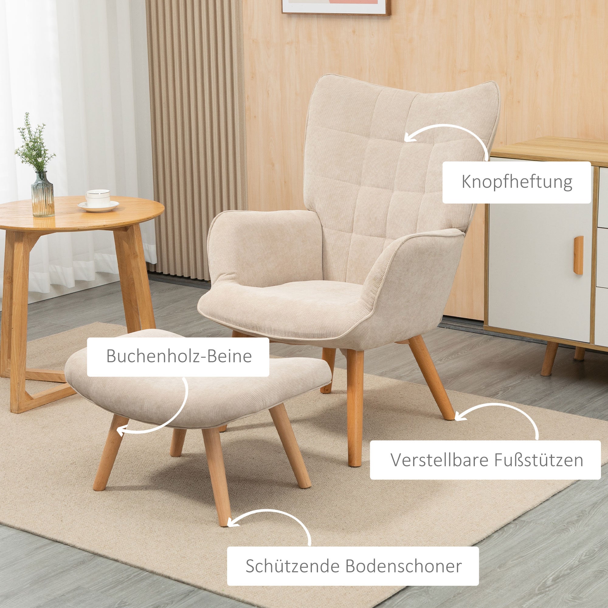 Chair with Ottoman, Wingback Chair with High Backrest, Wooden Legs, Lounge Chair with Tufted Design, Corduroy Look, for Living Room, Beige