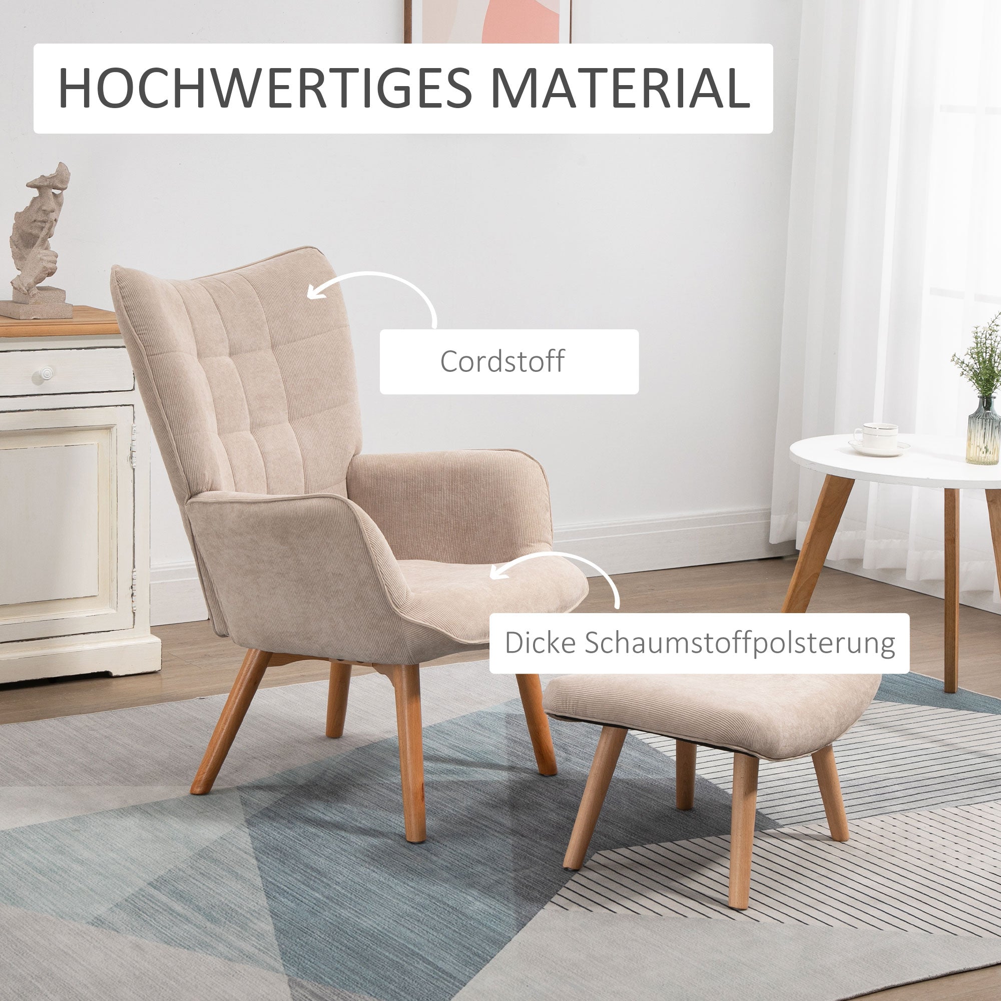 Chair with Ottoman, Wingback Chair with High Backrest, Wooden Legs, Lounge Chair with Tufted Design, Corduroy Look, for Living Room, Beige