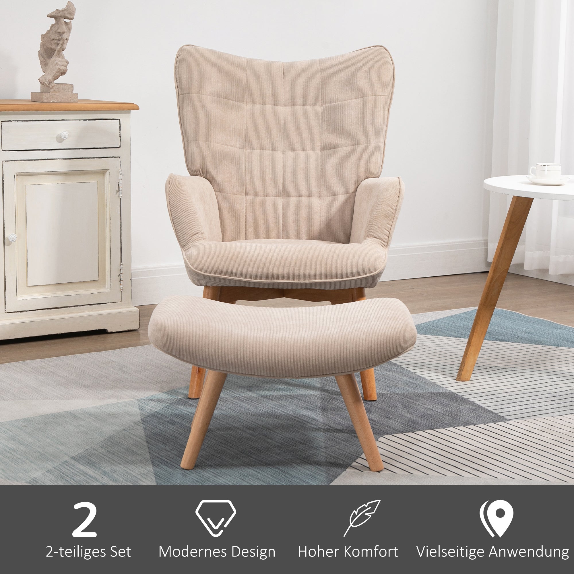 Chair with Ottoman, Wingback Chair with High Backrest, Wooden Legs, Lounge Chair with Tufted Design, Corduroy Look, for Living Room, Beige