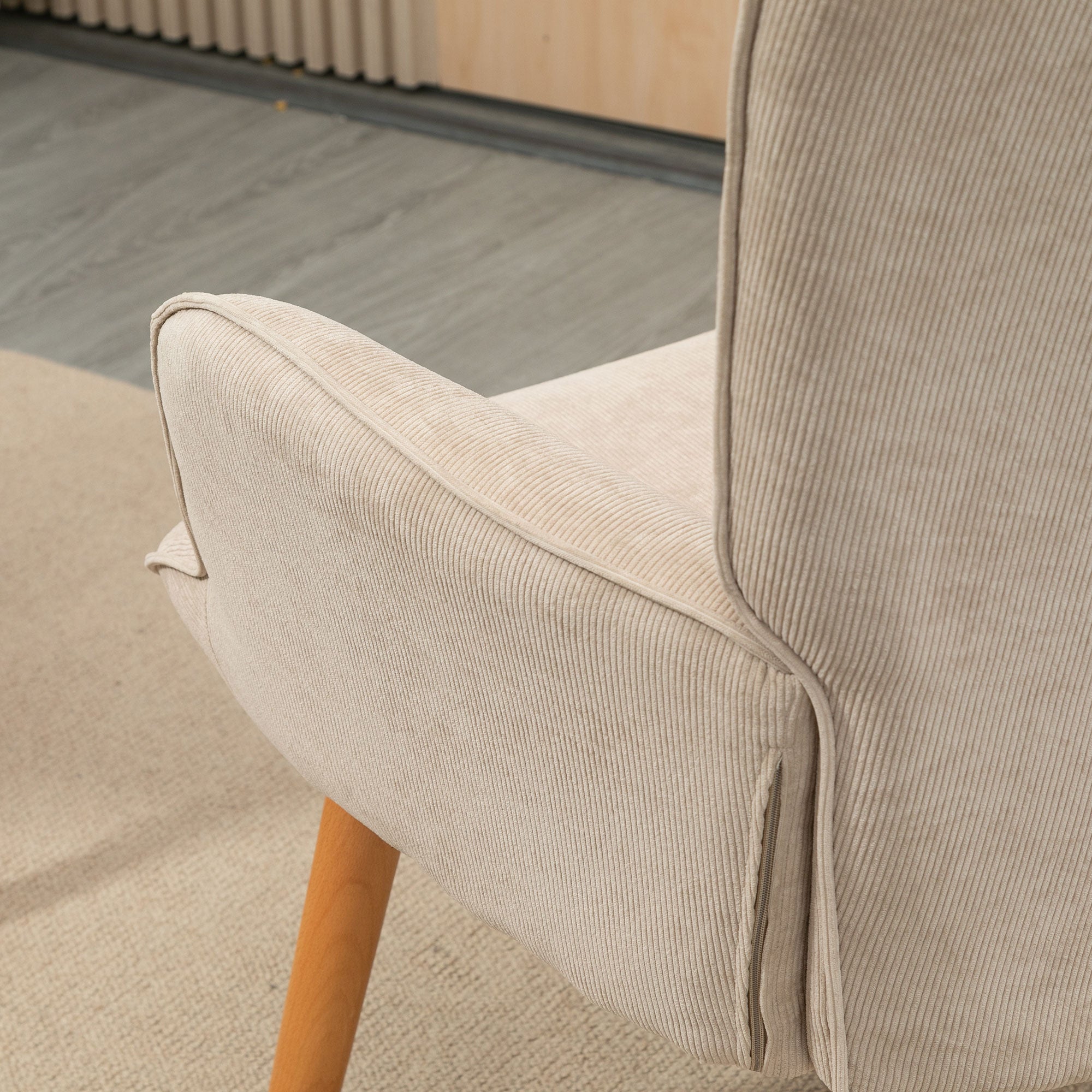 Chair with Ottoman, Wingback Chair with High Backrest, Wooden Legs, Lounge Chair with Tufted Design, Corduroy Look, for Living Room, Beige
