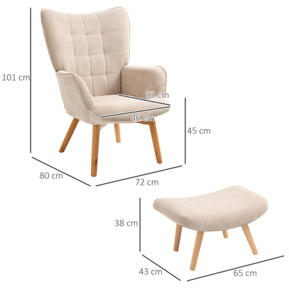 Chair with Ottoman, Wingback Chair with High Backrest, Wooden Legs, Lounge Chair with Tufted Design, Corduroy Look, for Living Room, Beige
