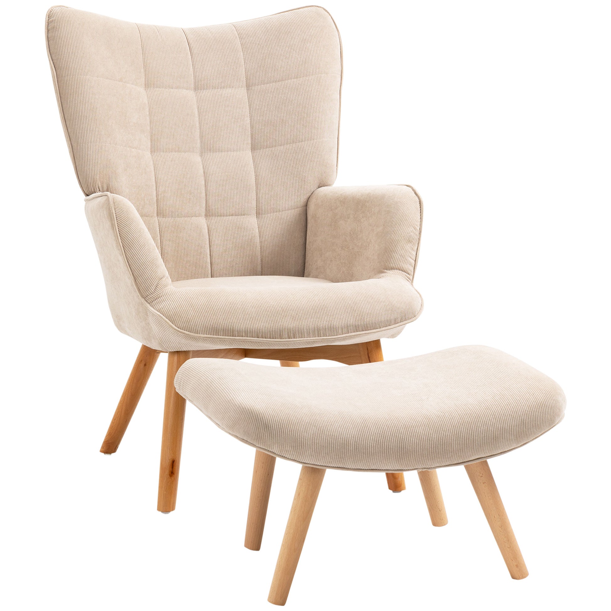 Chair with Ottoman, Wingback Chair with High Backrest, Wooden Legs, Lounge Chair with Tufted Design, Corduroy Look, for Living Room, Beige