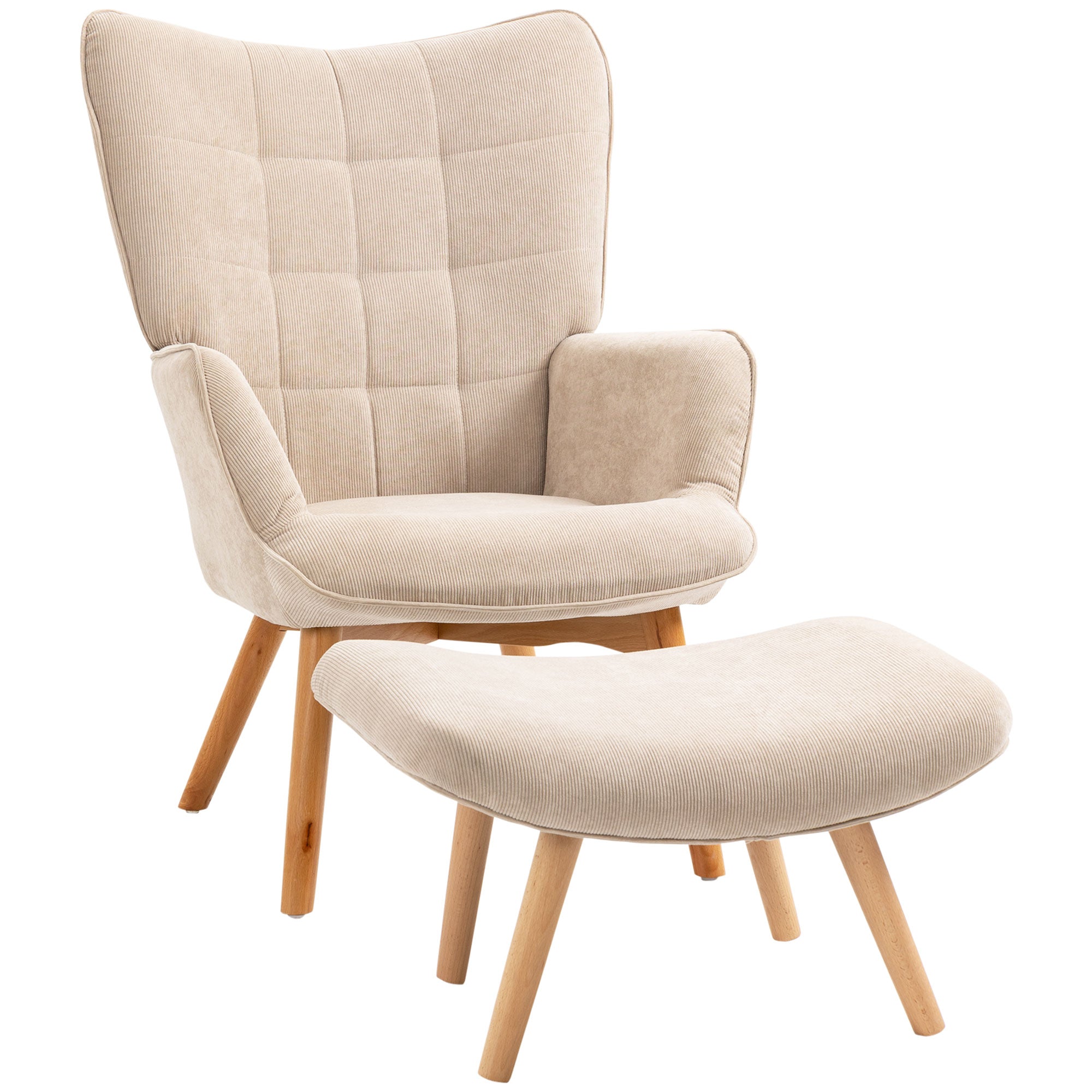 Chair with Ottoman, Wingback Chair with High Backrest, Wooden Legs, Lounge Chair with Tufted Design, Corduroy Look, for Living Room, Beige