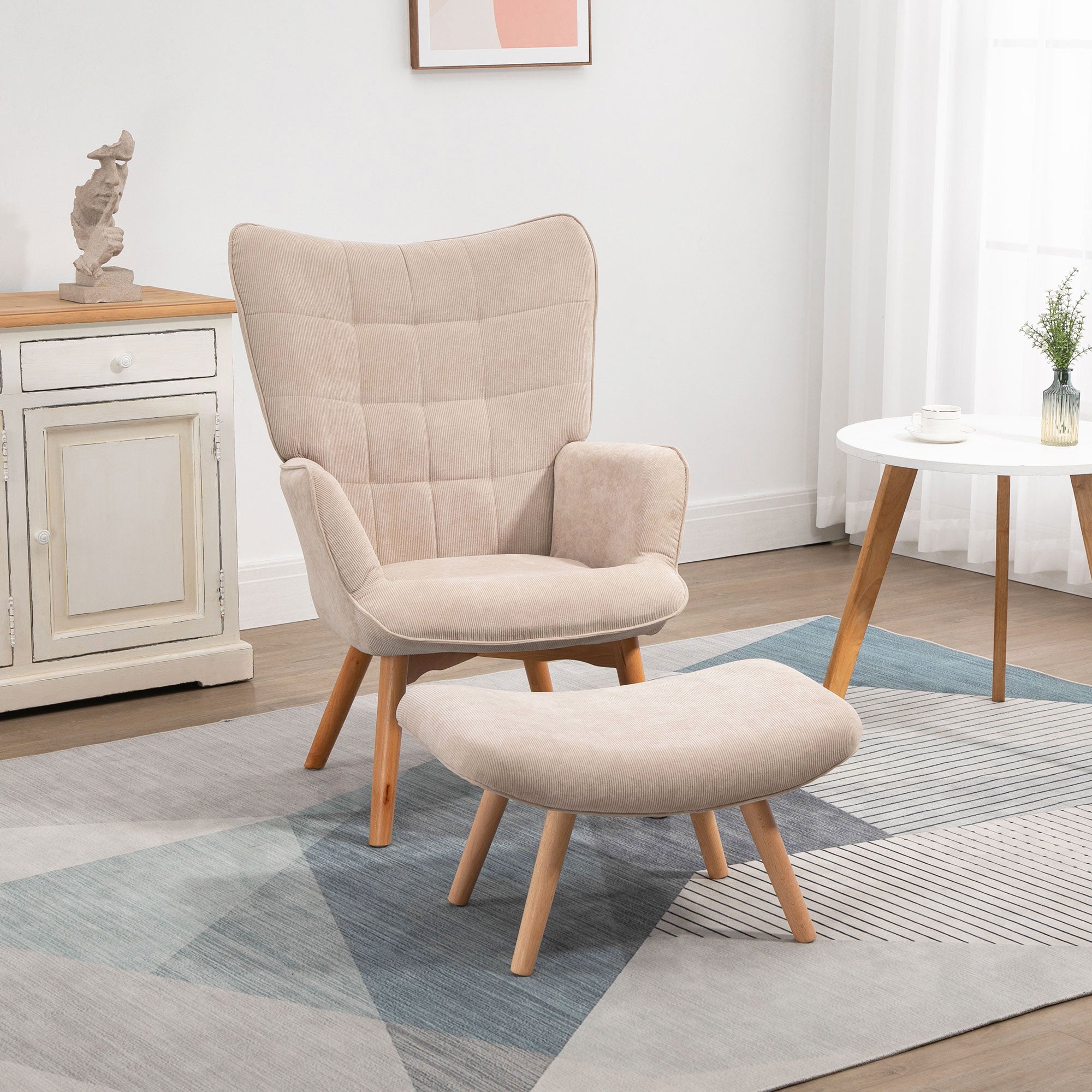 Chair with Ottoman, Wingback Chair with High Backrest, Wooden Legs, Lounge Chair with Tufted Design, Corduroy Look, for Living Room, Beige