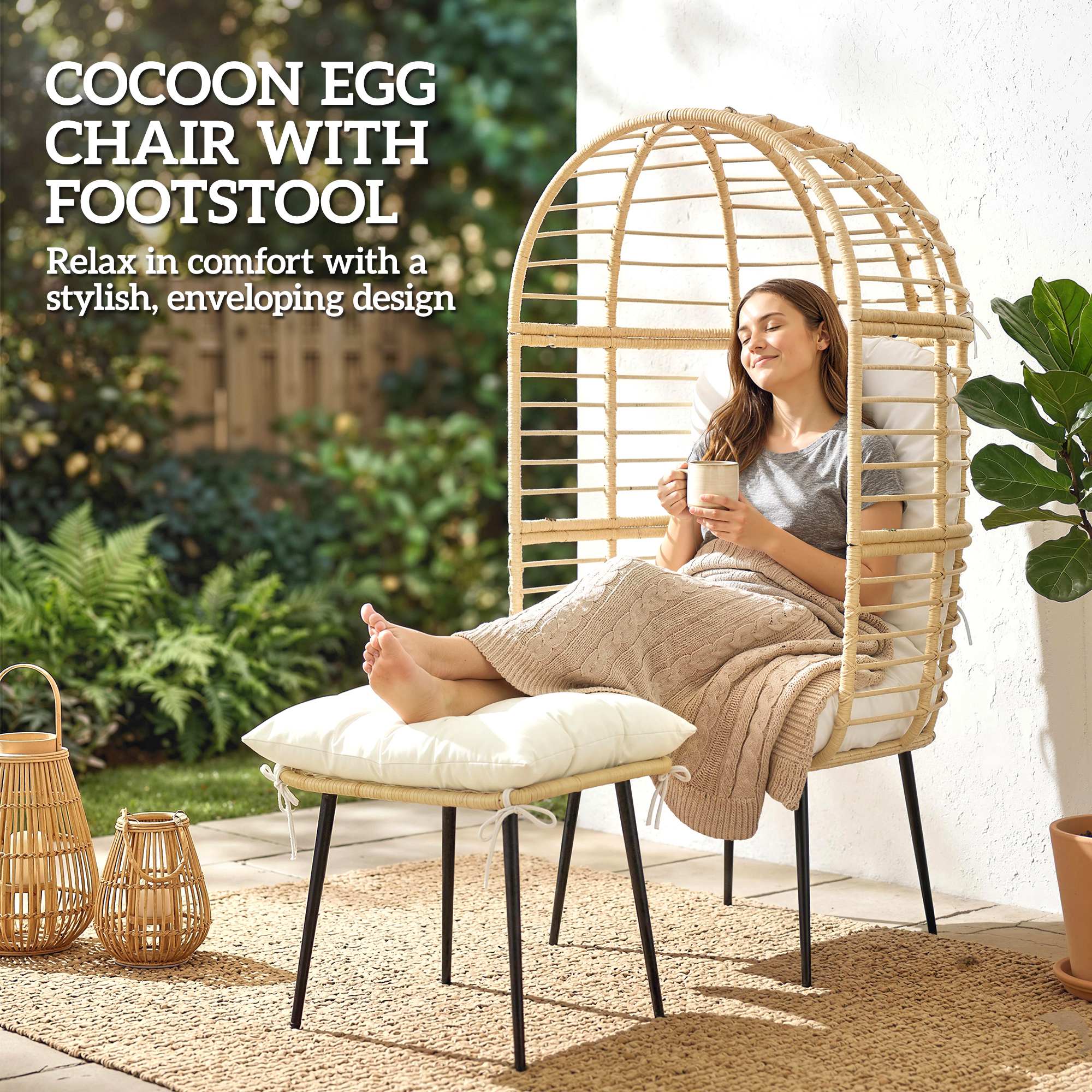 Egg-Shaped PE Rattan Lounge Chair with Ottoman — Boho Patio & Indoor Lounger with Thick Cushions, Powder-Coated Frame, Beige