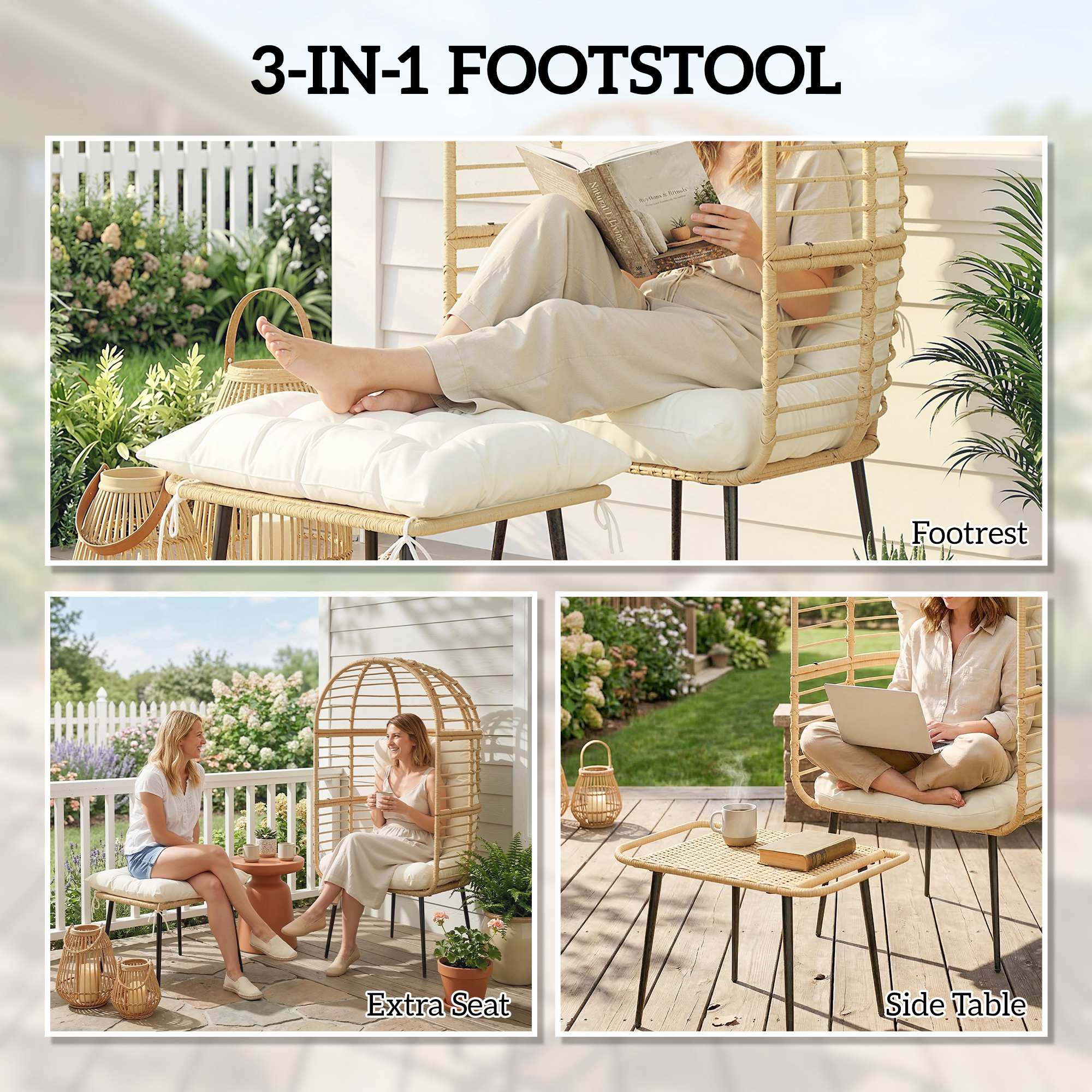 Egg-Shaped PE Rattan Lounge Chair with Ottoman — Boho Patio & Indoor Lounger with Thick Cushions, Powder-Coated Frame, Beige
