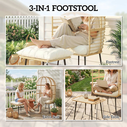 Egg-Shaped PE Rattan Lounge Chair with Ottoman — Boho Patio & Indoor Lounger with Thick Cushions, Powder-Coated Frame, Beige