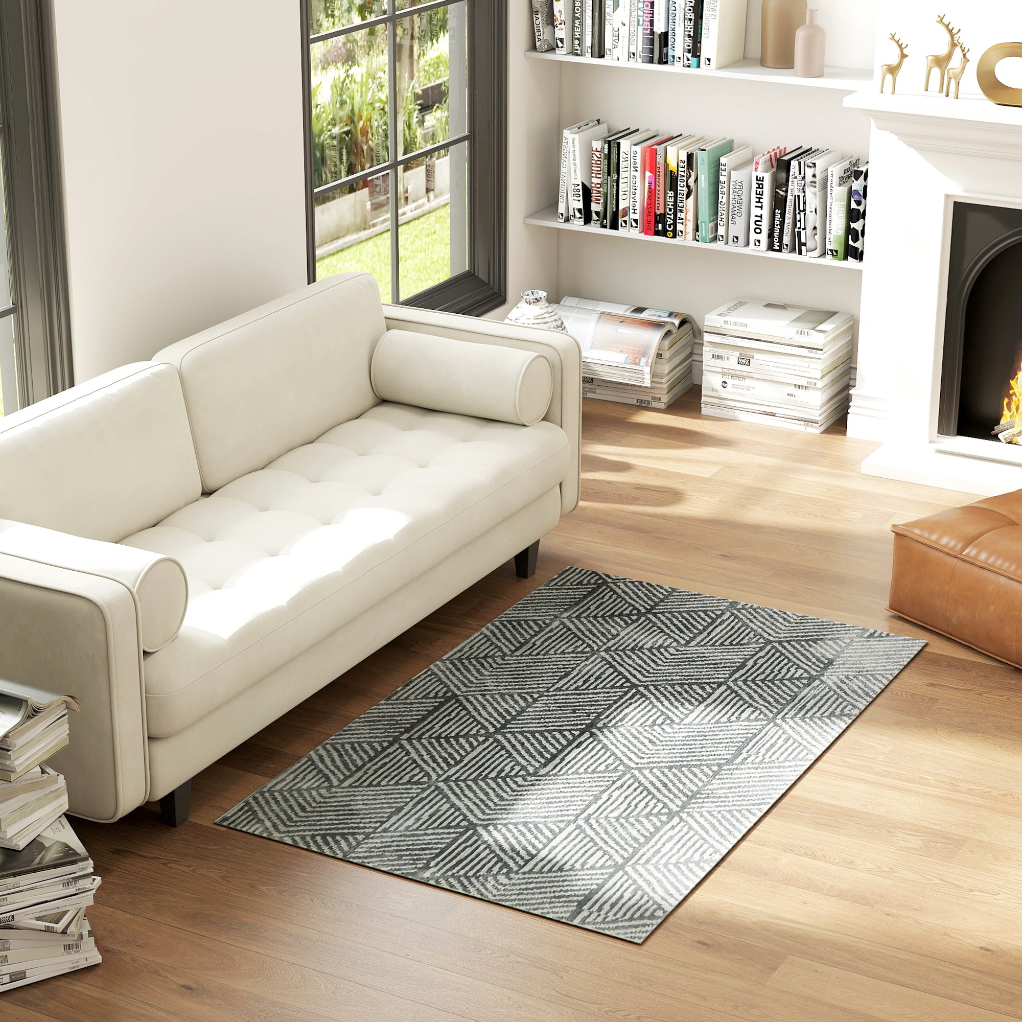 Living Room Rug 170x120 cm Machine Washable Short Pile Geometric Rug for Living Room Bedroom Dining Room Dark Gray