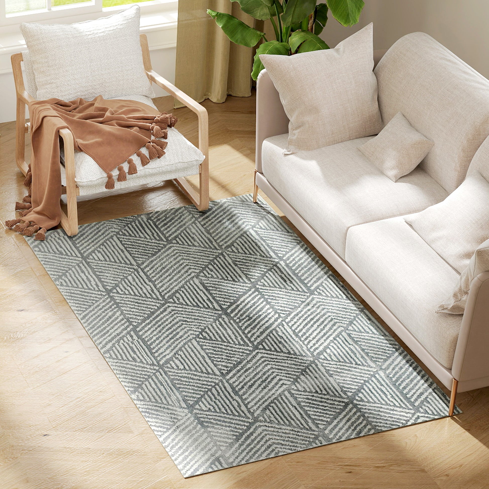 Living Room Rug 170x120 cm Machine Washable Short Pile Geometric Rug for Living Room Bedroom Dining Room Dark Gray